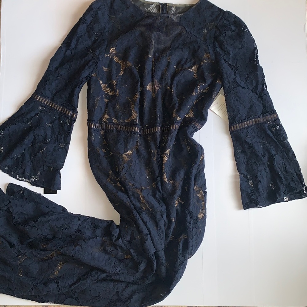 New Tadashi Shoji Too Navy Blue Lace Maxi Dress Bell Sleeves 18q